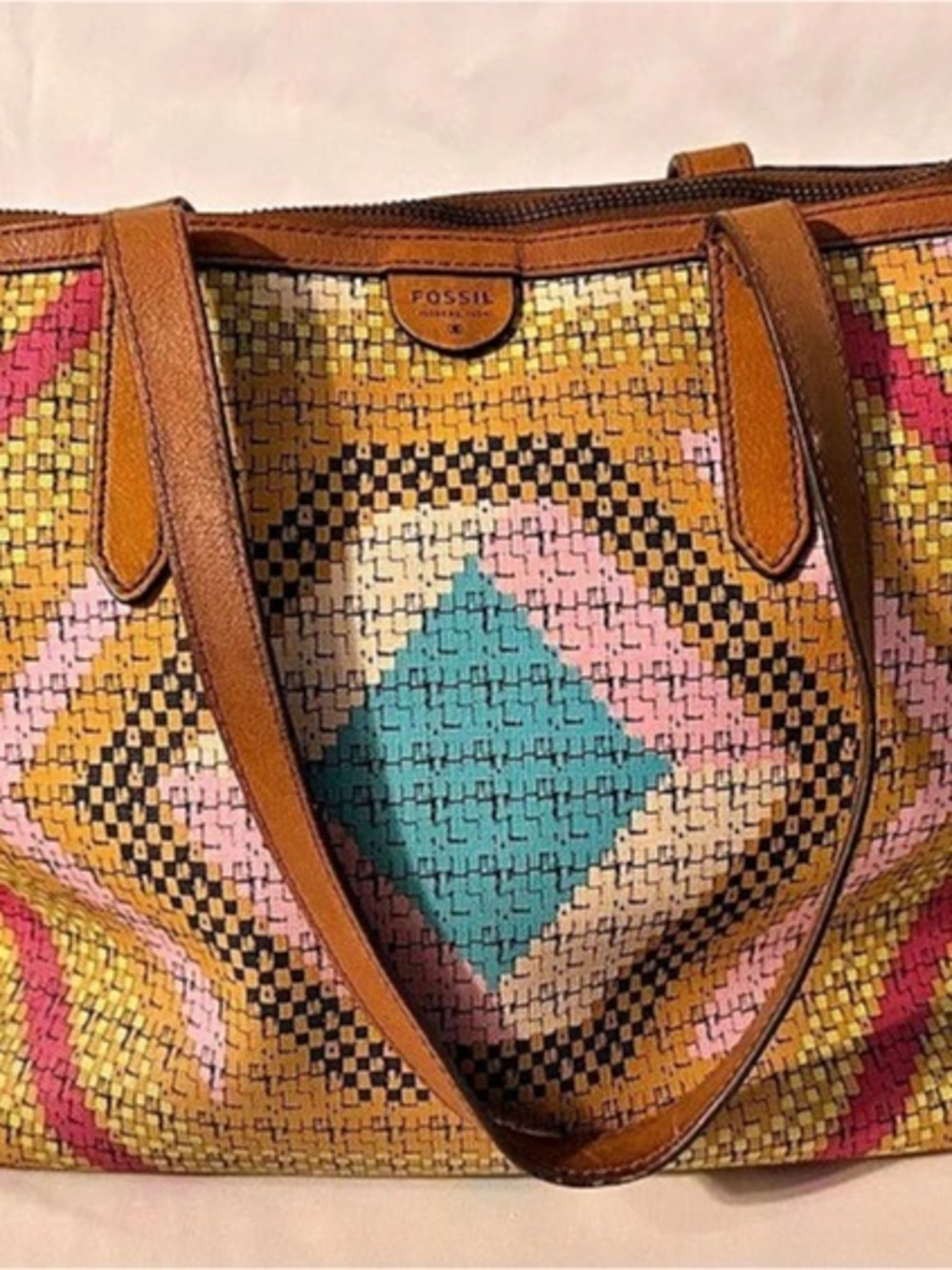 Fossil Geometric Tote in Yellow & Pink